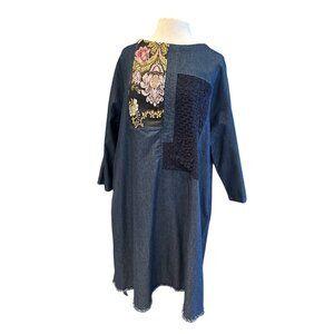 Denim Tunic Dress With Floral & Lace Patchwork By IXI - Loose Fit - Frayed Hem -